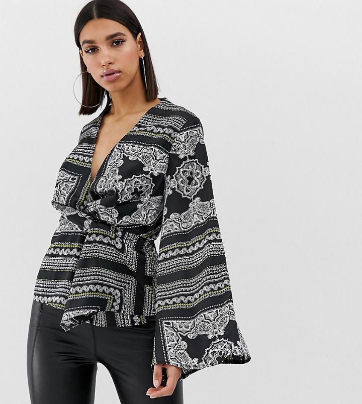 Missguided Satin Twist Front Blouse In Scarf Print - Multi