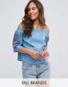 Parisian Tall Off Shoulder Embroidered Top - Blue