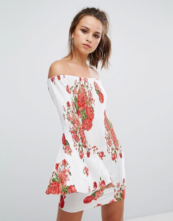 Prettylittlething Floral Pleated Extreme Flared Sleeve Dress - White