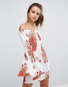 Prettylittlething Floral Pleated Extreme Flared Sleeve Dress - White