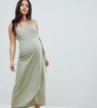Asos Design Maternity Linen Wrap Side Maxi Dress - Green