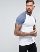Asos Muscle T-shirt With Contrast Raglan Sleeves In White/blue - White
