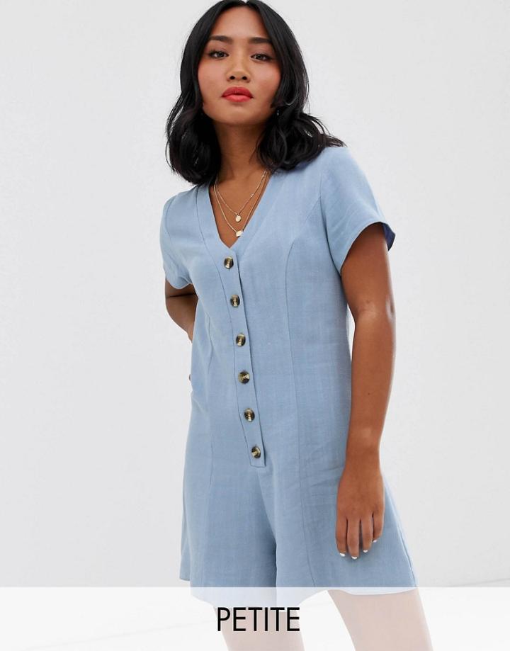 New Look Petite Button Down Romper In Light Blue - Blue