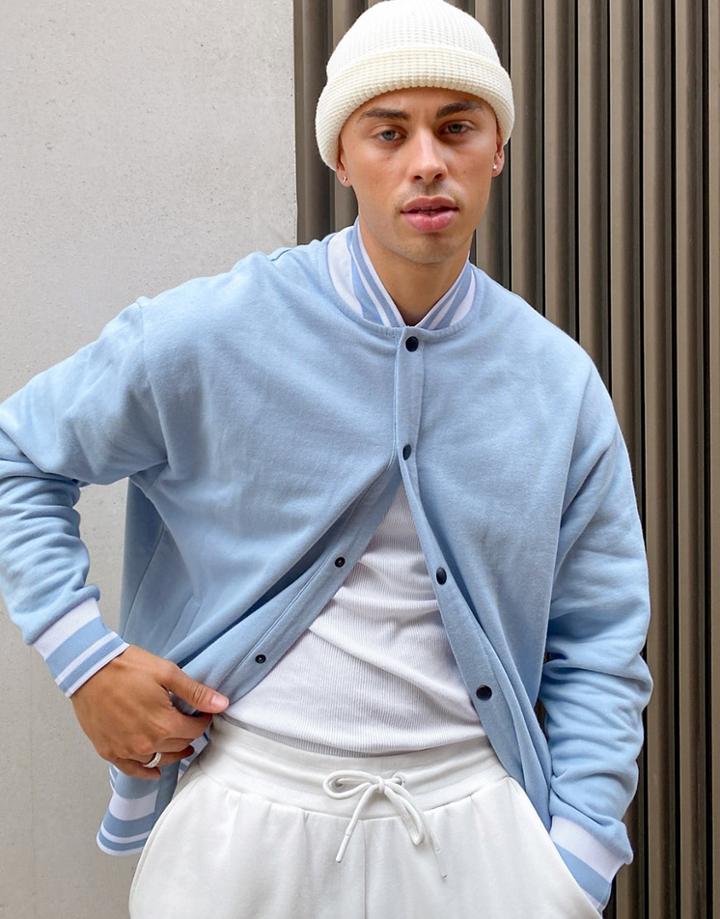 Asos Design Oversized Jersey Bomber Jacket With Tipping In Blue-blues