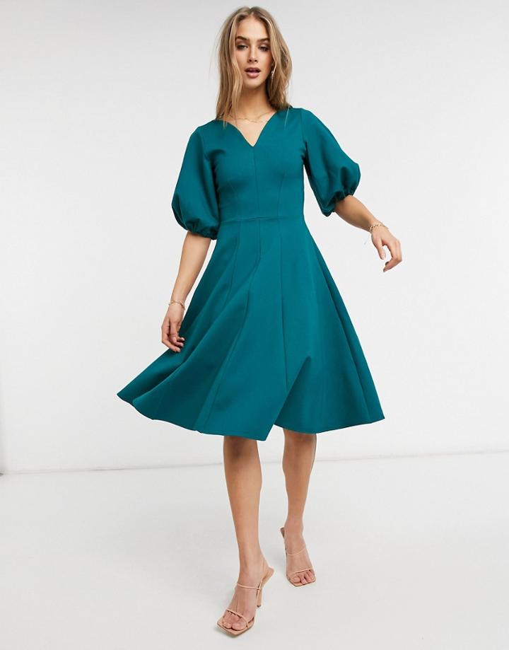 Closet London Balloon Sleeve Skater Midi Dress In Forest Green