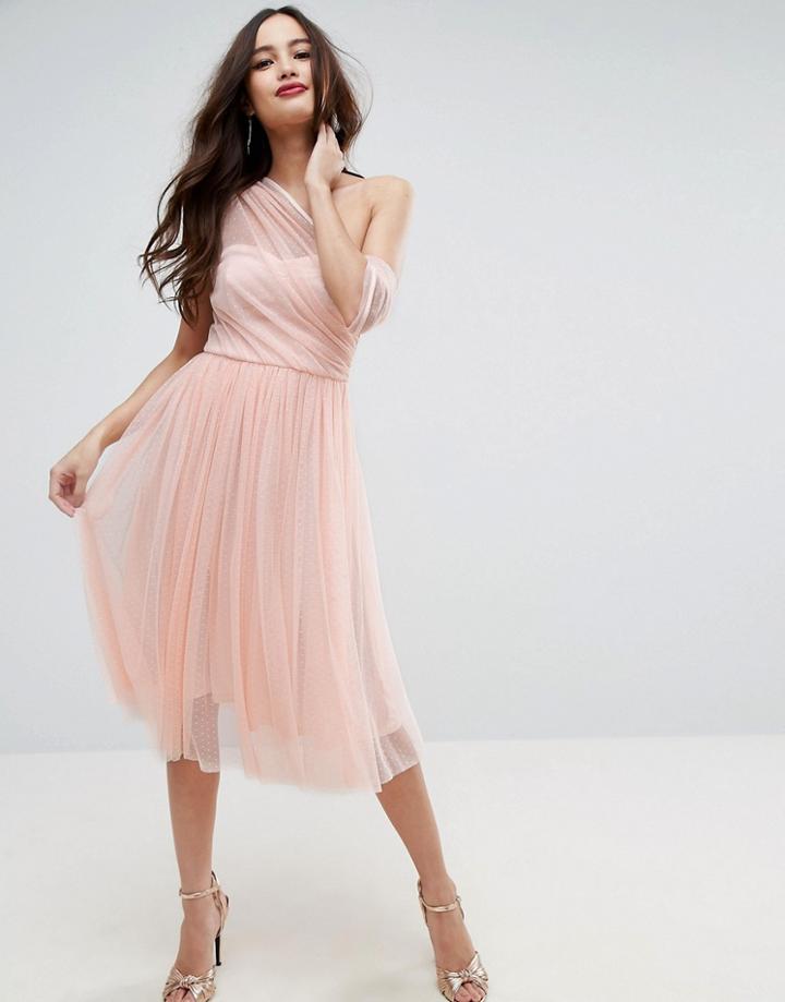 Asos Dobby Mesh One Shoulder Prom Dress - Beige