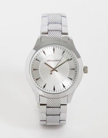 Asos Design Bracelet Watch With Strap Detail In Silver With Gunmetal Face With Line Detail Texture