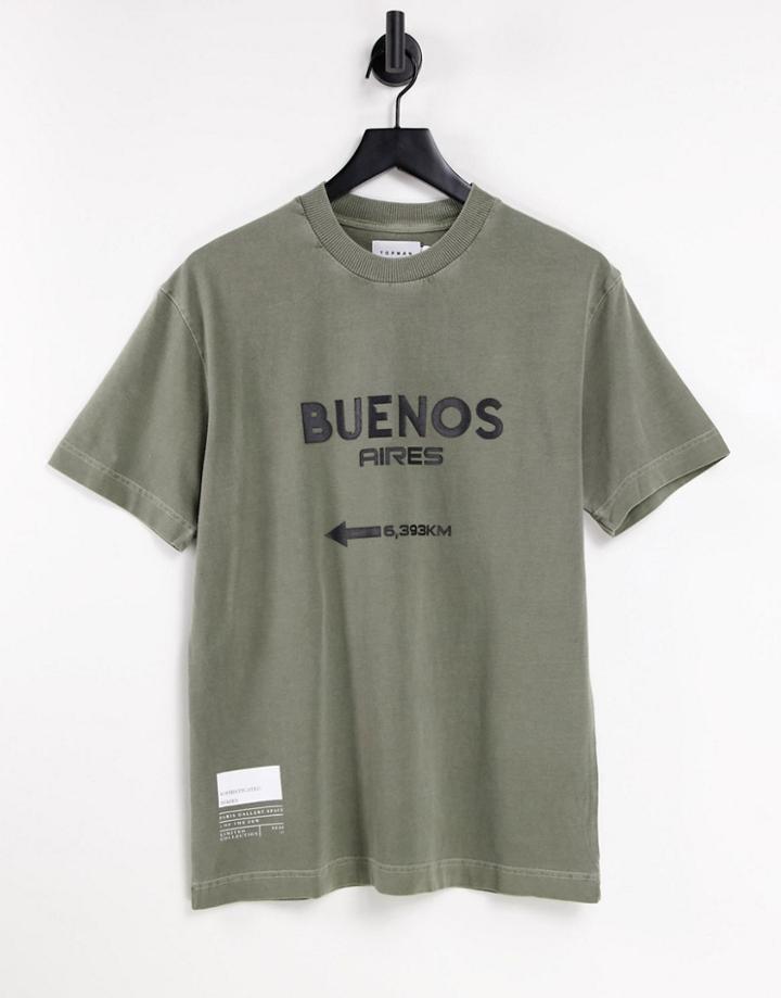 Topman Oversized T-shirt With Beunos Print In Khaki-green