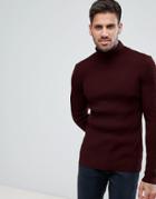 Asos Ribbed Muscle Fit Roll Neck Sweater In Burgundy - Red