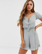 Asos Design Sweetheart Neck Lace Up Romper With Frill Hem And Shirring-multi