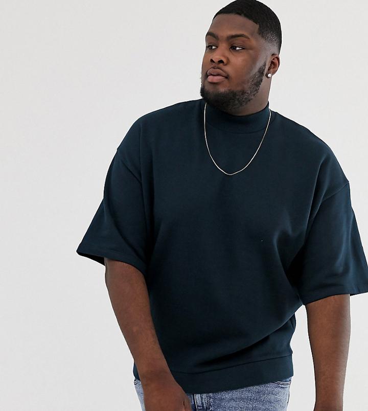 Asos Design Plus Short Sleeve Oversized Turtleneck Sweatshirt In Navy - Navy