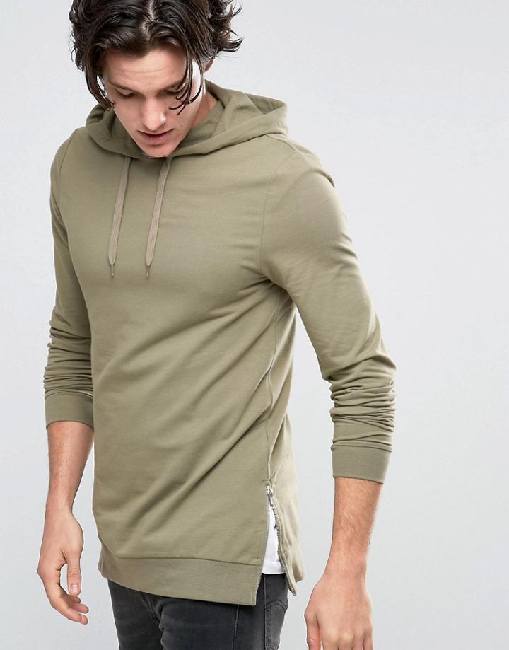 Asos Longline Muscle Fit Hoodie With Side Zips - Green
