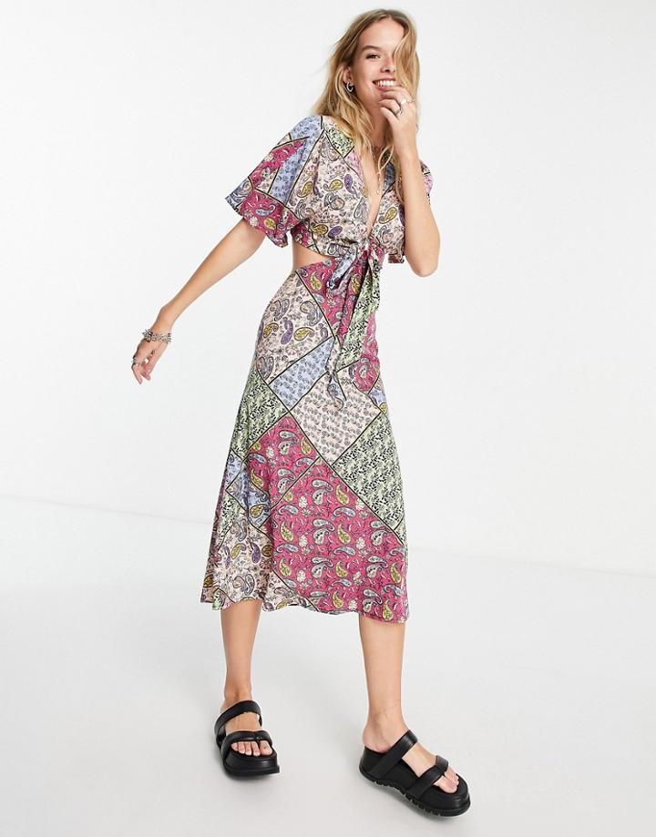 Violet Romance Cut Out Tie Front Midi Dress In Patchwork Print-multi
