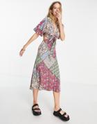 Violet Romance Cut Out Tie Front Midi Dress In Patchwork Print-multi