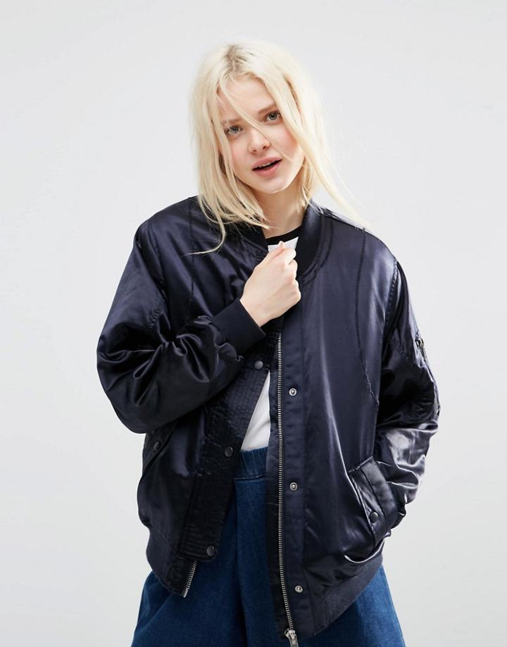 Asos Luxe Bomber Jacket In Satin - Navy