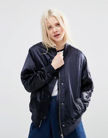 Asos Luxe Bomber Jacket In Satin - Navy