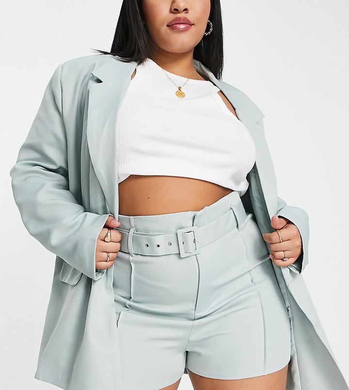 In The Style Plus X Dani Dyer High Waist Belted Tailored Short In Blue - Part Of A Set