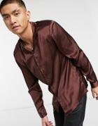 Asos Design Regular Fit Satin Shirt With Shoulder Pads In Chocolate Brown