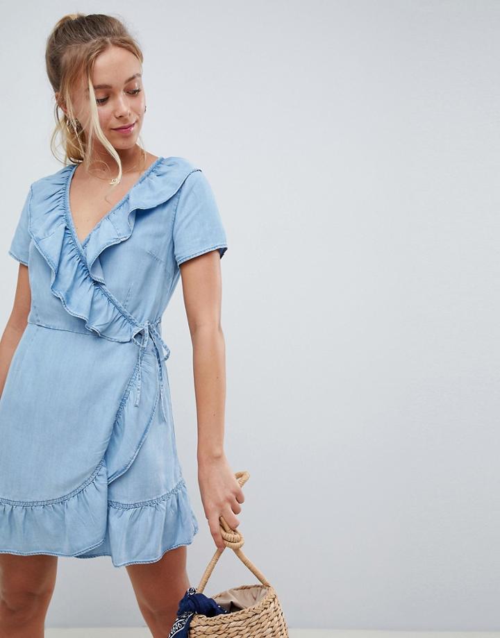 Asos Design Denim Wrap Dress With Frill Detail - Blue