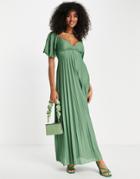 Asos Design Pleated Twist Back Cap Sleeve Maxi Dress In Winter Sage-green