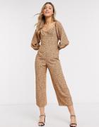 Asos Design Square Neck Puff Sleeve Jumpsuit In Micro Leopard Print-multi