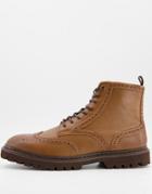 Asos Design Brogue Boots In Tan Faux Leather On Brown Sole