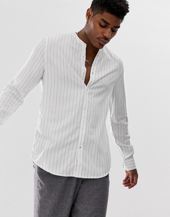 Bershka Striped Shirt With Grandad Collar In White - White