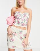 Miss Selfridge Embellished Rose Beaded Mini Skirt In Cream - Part Of A Set-white