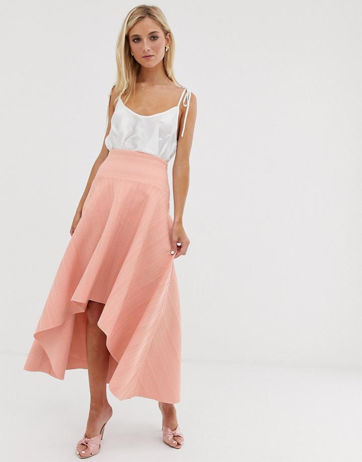 Asos Design Bonded Lace Dip Hem Midi Skirt-pink