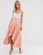 Asos Design Bonded Lace Dip Hem Midi Skirt-pink