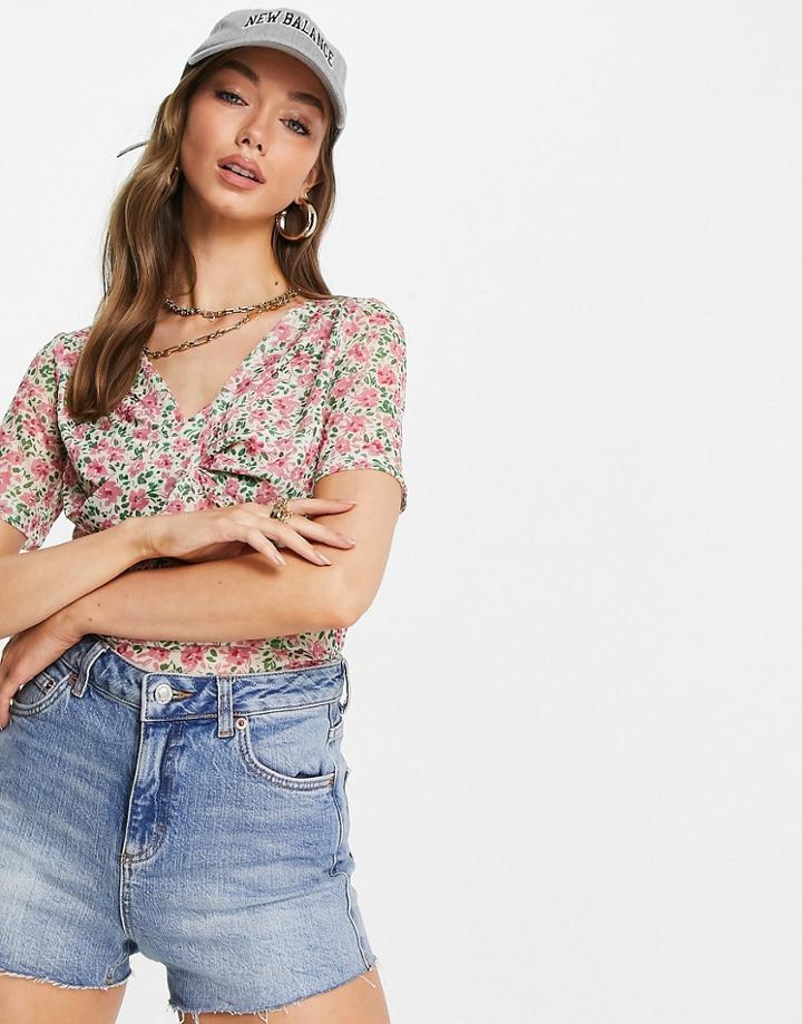 Vila Recycled Blend Long Sleeve Top With Twist Front Detail In Ditsy Floral-multi