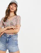 Vila Recycled Blend Long Sleeve Top With Twist Front Detail In Ditsy Floral-multi