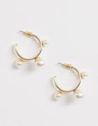 Asos Design Small Hoop Earrings In Double Row Design With Pearls In Gold Tone - Gold