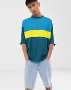 Asos Design Oversized T-shirt With Contrast Tipping And Color Block In Blue