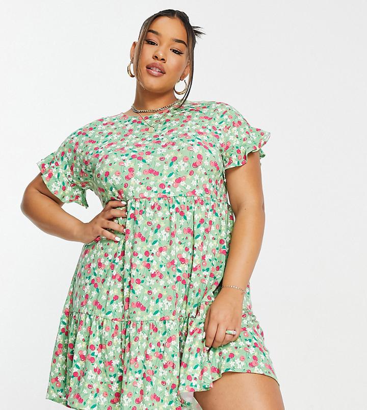 Simply Be Cherry Print Smock Mini Dress In Green