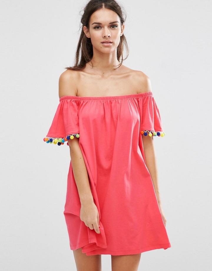 Asos Off Shoulder Swing Sundress With Bright Pom Poms - Pink