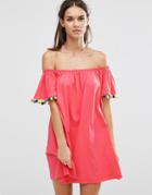 Asos Off Shoulder Swing Sundress With Bright Pom Poms - Pink