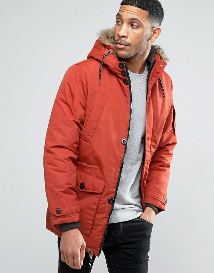 Threadbare Padded Coat With Faux Fur Hood - Orange