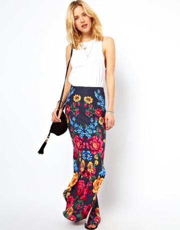Asos Maxi Skirt In Floral Print With Splits