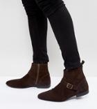 Asos Wide Fit Chelsea Boots In Brown Suede With Zip And Strap Detail - Brown