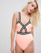 Asos Design Recycled Contrast Elastic Cross Front Neck Swimsuit In Coral-orange