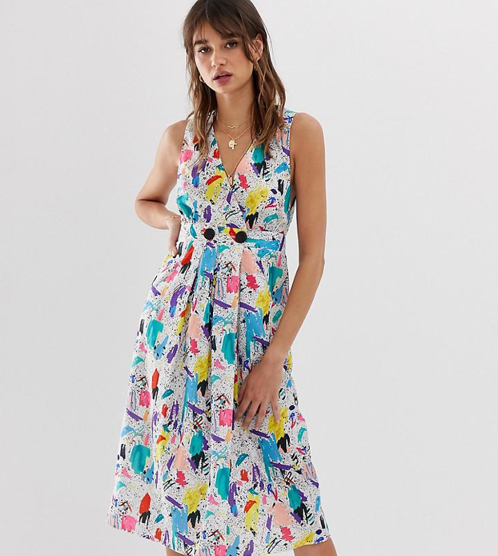 Reclaimed Vintage Inspired Midi Dress With Wrap Button Front In Brush Stroke Print - Multi