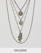 Reclaimed Vintage Multi Layered Necklaces In Burnished Gold With Snake And Coin - Gold