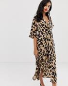 Liquorish Twist Front Satin Midi Dress In Leopard Print - Multi