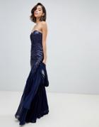 City Goddess Bandeau Scatter Sequin Chiffon Maxi Dress With Scarf - Navy