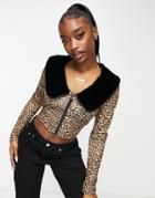 Asos Design Faux Fur Collar Cardigan In Animal Print-multi
