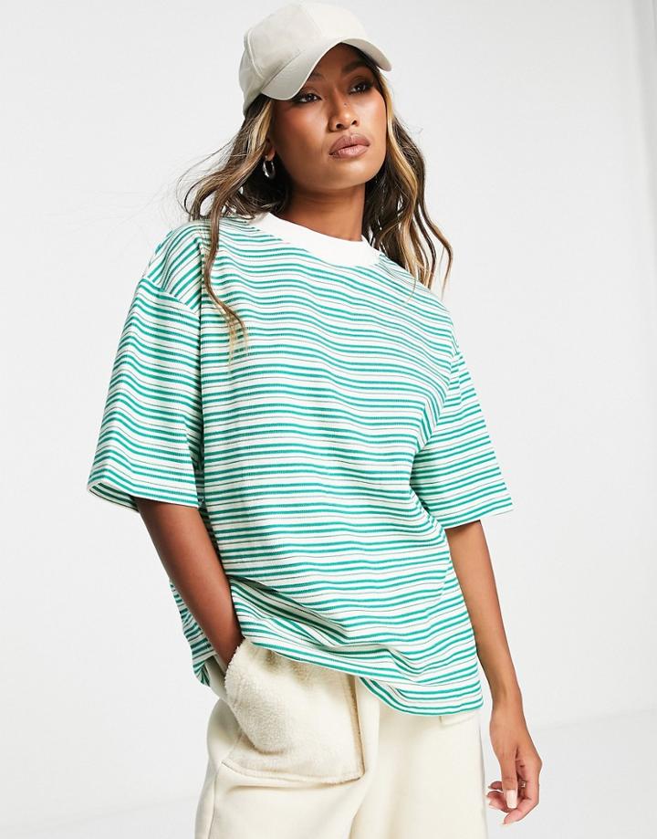 Topshop Ultimate Stripe Textured Boyfriend Tee In Green-multi
