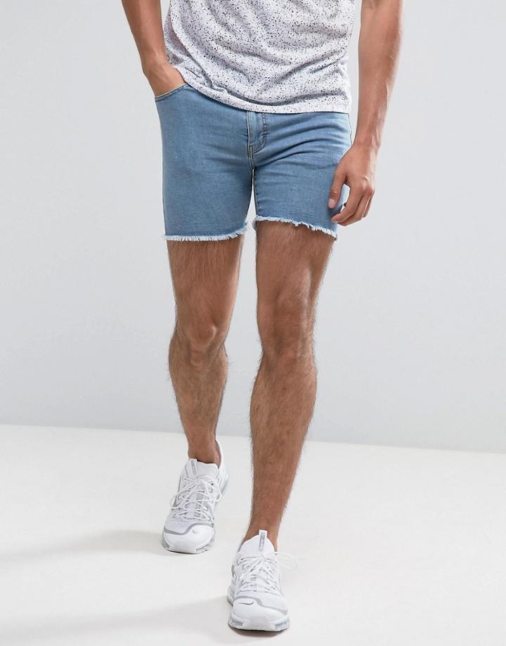 Jaded London Super Skinny Shorts In Mid Blue With Raw Hem - Blue
