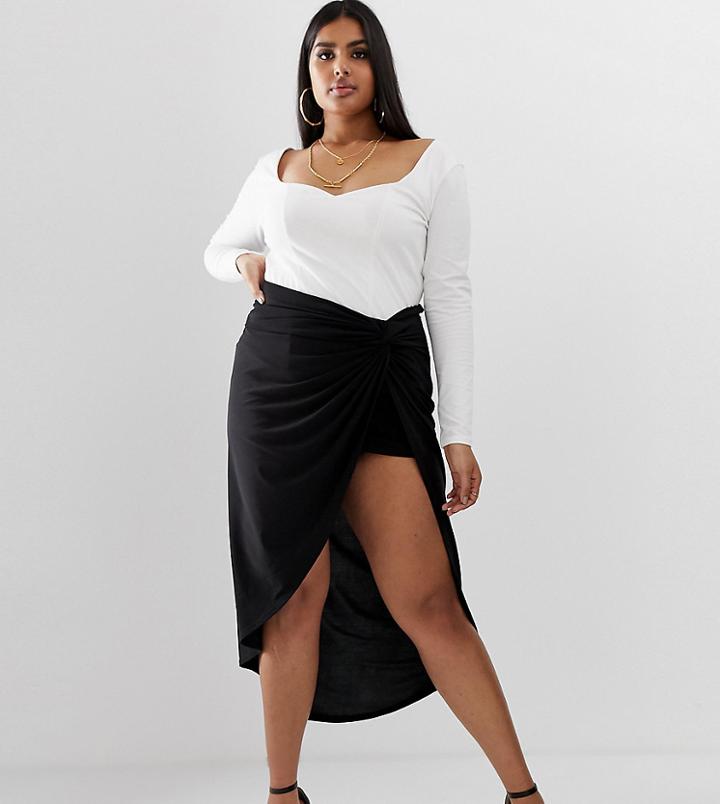 Club L Plus Knot Front Ruched Skirt In Black - Black