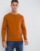 Asos Design Long Sleeve T-shirt With Grandad Neck In Brown - Brown